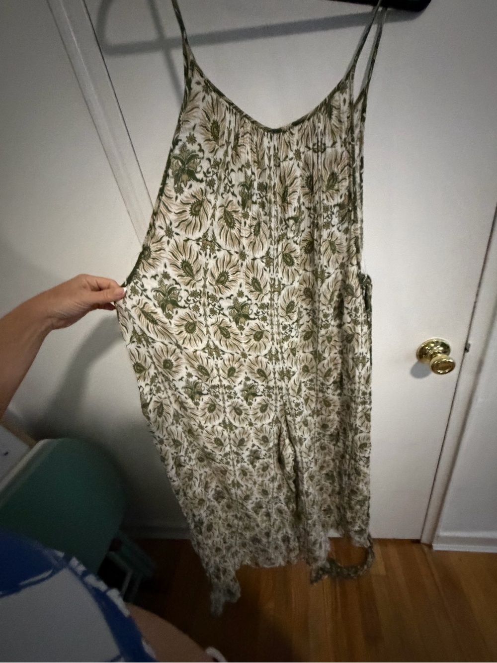 Anthropologie Green and Cream Floral jumpsuit with a tie waist